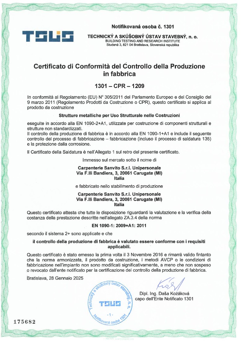 Certificato originale di conformità del controllo della produzione in fabbrica, EN 1090-1, numero 1301-CPR-1209, intestato a Carpenterie Sanvito S.r.l.